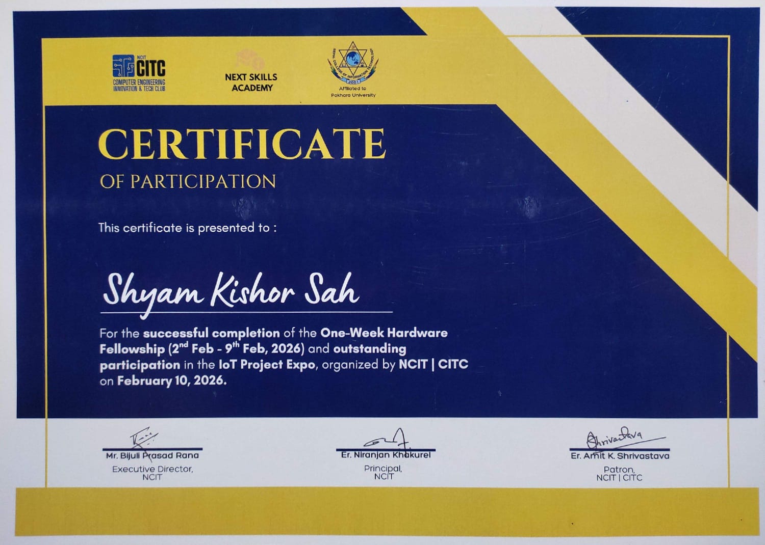Hardware Fellowship NCIT certificate