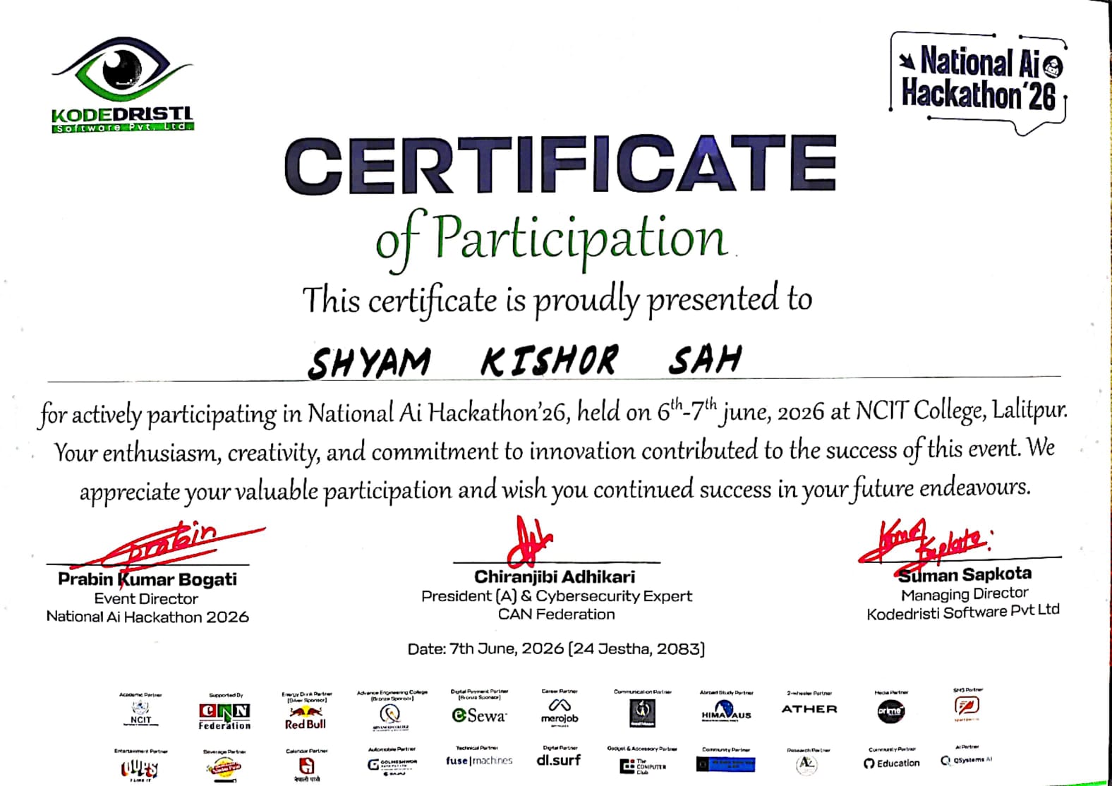 National AI Hackathon 2026 certificate