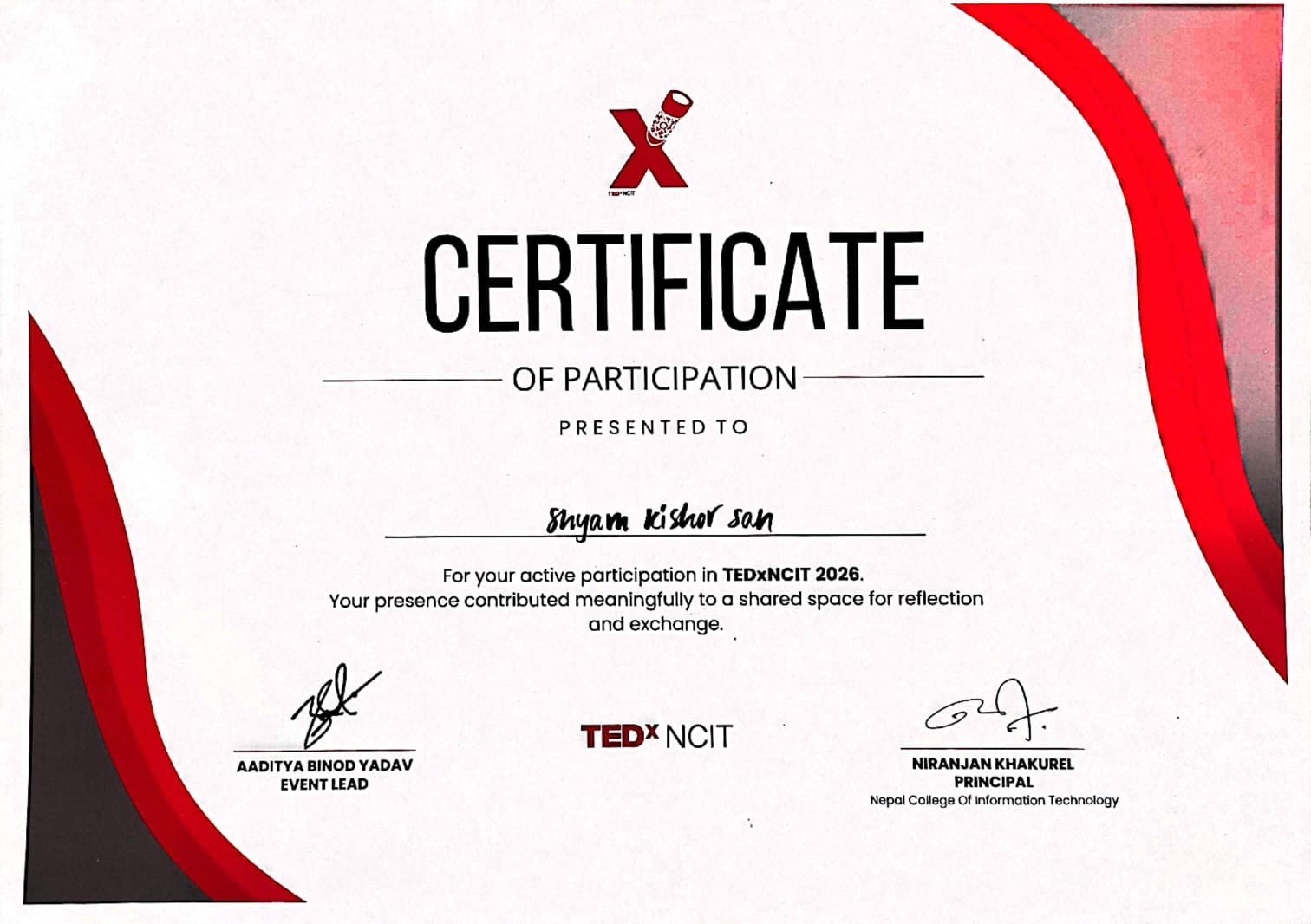 TEDx NCIT certificate
