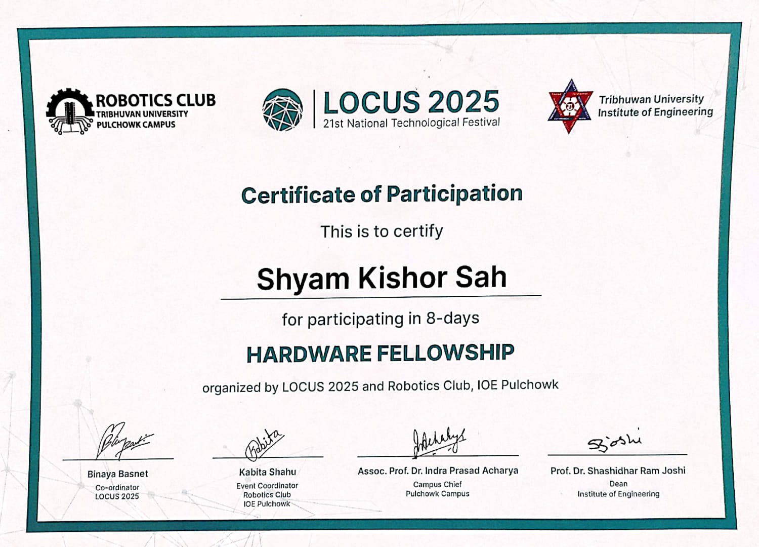 Hardware Fellowship Pulchowk certificate